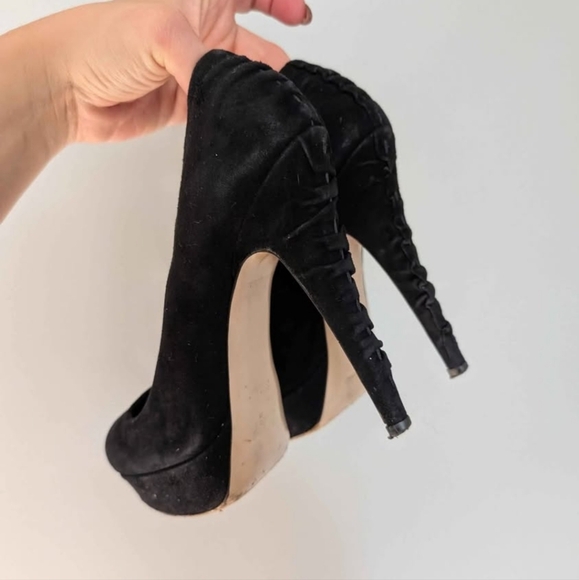 Miu Miu Black Suede Pumps Ruched Heel, 6.5, Platform, 5" Heel Classic, Sexy - Picture 9 of 10